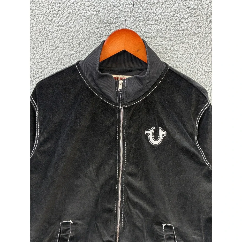 True Religion Big T Velvet Mock Zip Up Jacket Mens L Black Contrast Stitch Y2K